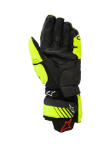 Alpinestars GP Plus R V3 Leather Gloves, Racing and Sport Motorcycle Gloves, Yellow Fluo and Black, palm view showing leather construction, reinforced grip areas, and adjustable cuff straps with Alpinestars branding, high-performance track gear