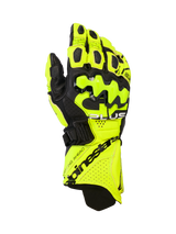 Alpinestars GP Plus R V3 Leather Gloves, Motorcycle Racing Gloves, Yellow Fluo and Black, featuring hard knuckle protectors, perforated ventilation zones, and secure cuff closure with bold branding.