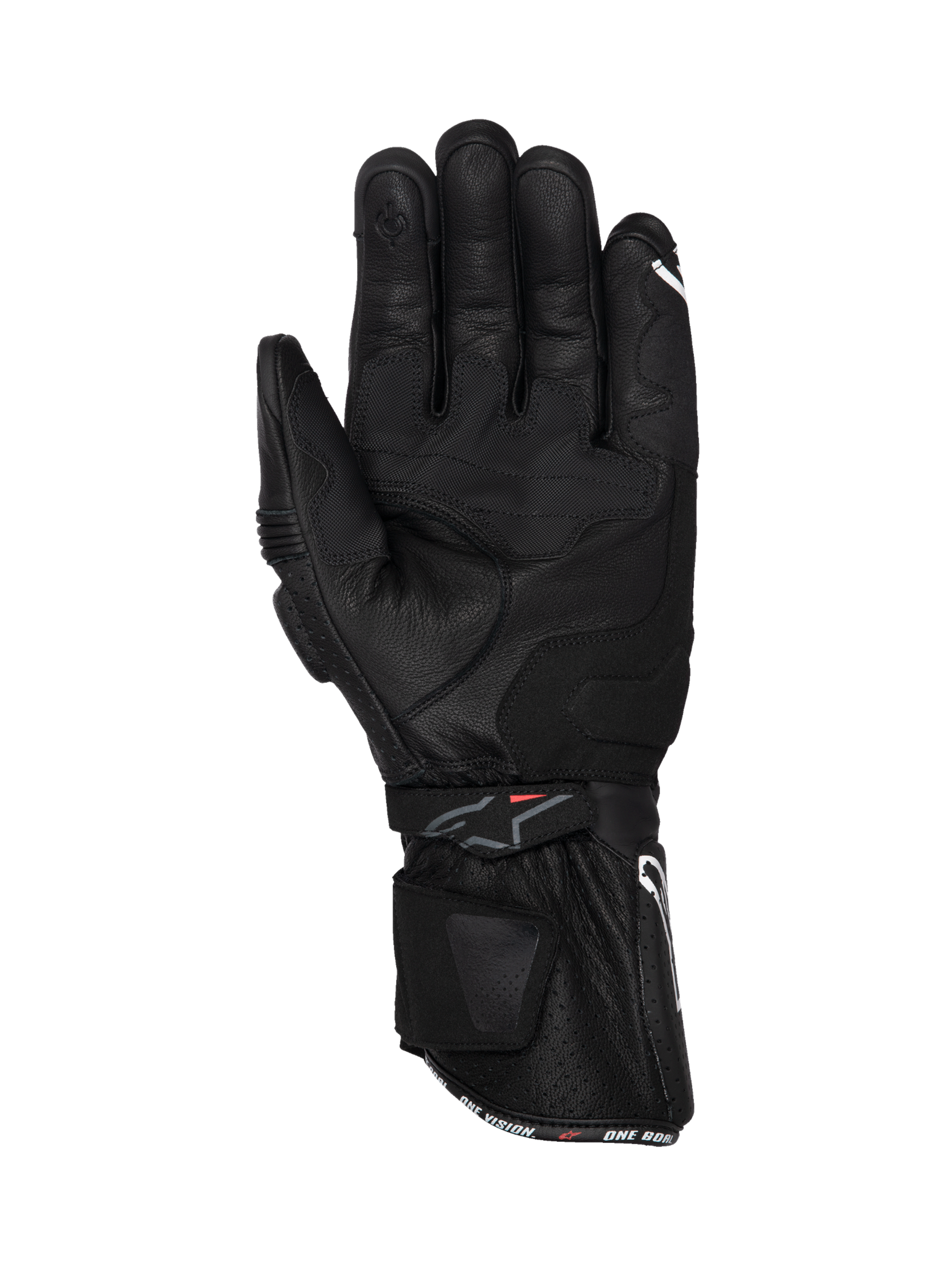 Alpinestars SP-3 black leather motorcycle racing gloves, palm view with long cuff and reinforced grip for road riding.