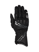 Alpinestars SP-3 black goat leather motorcycle racing gloves with a long cuff and integrated knuckle protection.