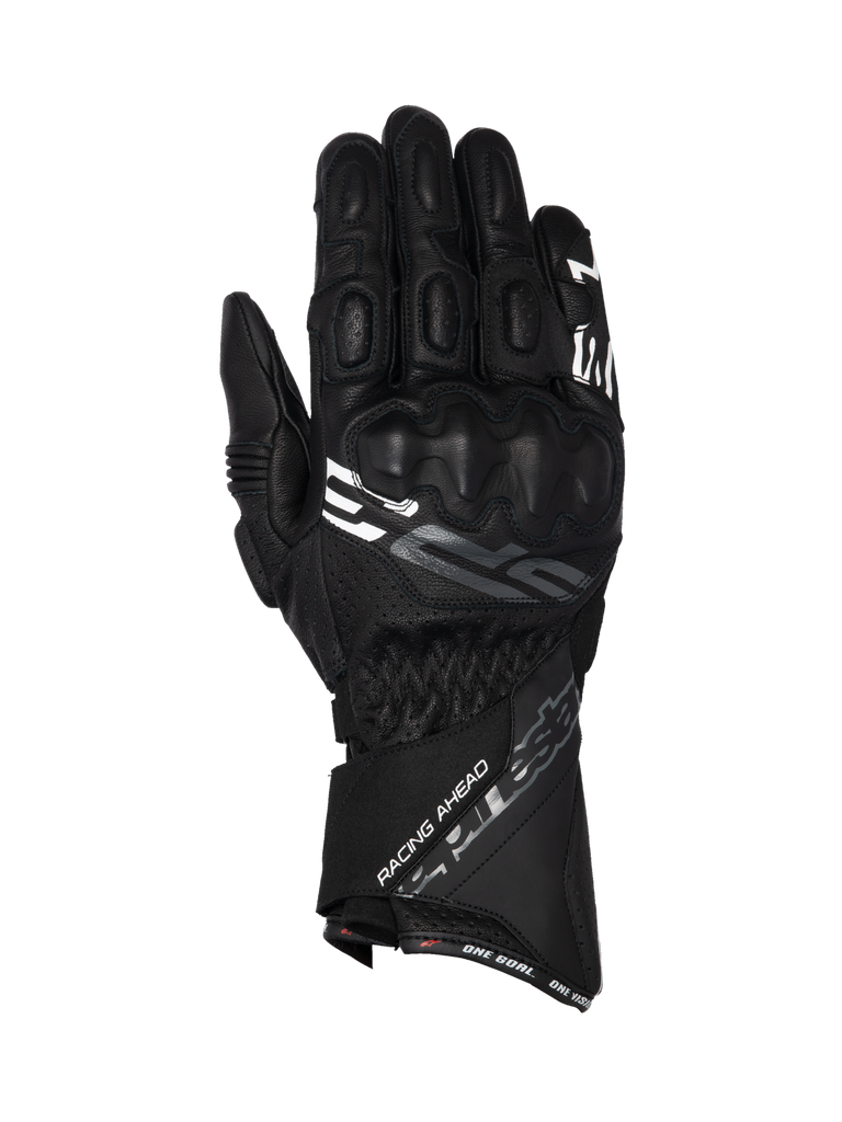 Alpinestars SP-3 black goat leather motorcycle racing gloves with a long cuff and integrated knuckle protection.
