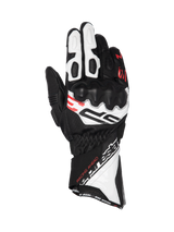 Alpinestars SP-3 long cuff road racing gloves, black, white, and red leather with CE certified knuckle protection.
