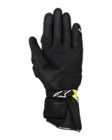 Alpinestars SP-3 Gloves, Motorcycle Road Gloves, Black and Yellow Fluo, palm side view showing goat leather construction, padded palm reinforcements, long cuff with adjustable strap, and touchscreen compatible index finger