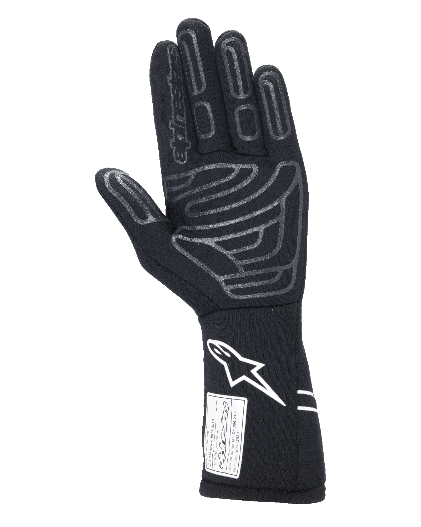 Alpinestars Tech-1 Start V4 Gloves FIA, Black Auto Racing Glove, palm view featuring grey silicone grip patterns on fingers and palm, white Astars logo on the extended cuff, FIA certification label, professional motorsport gear