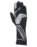 Alpinestars Tech-1 Start V4 Gloves FIA, professional auto racing gloves in Black, featuring white and grey geometric patterns with Alpinestars branding, extended cuff for fire and heat protection, lightweight pre-curved design for motorsport use