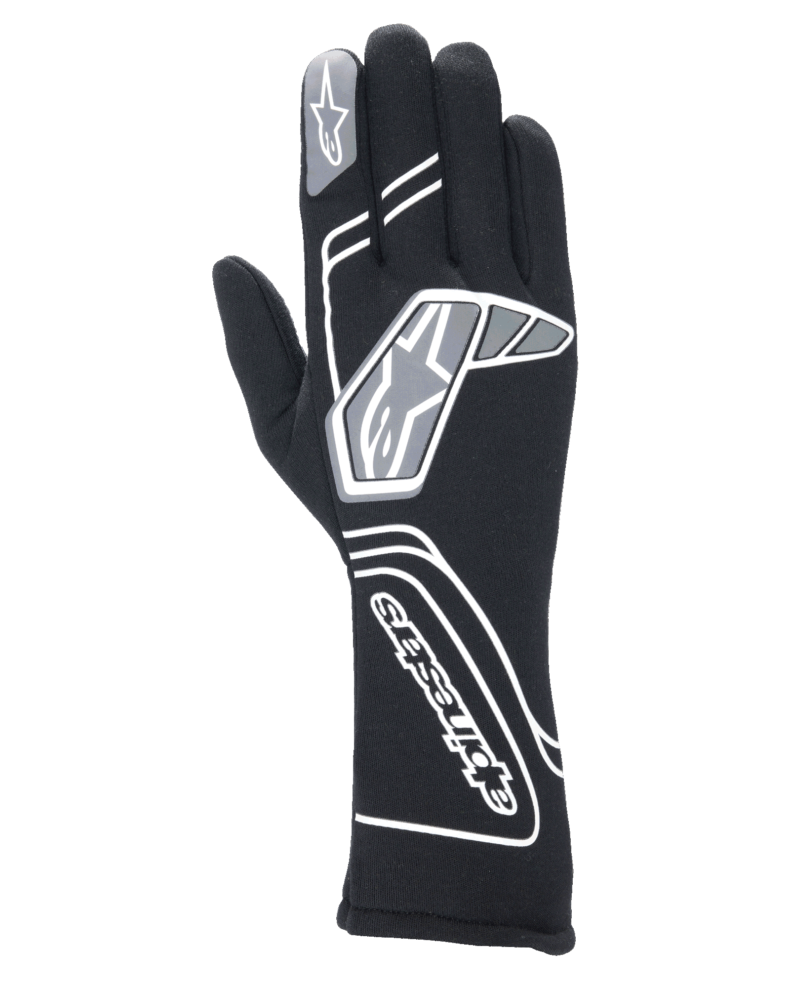 Alpinestars Tech-1 Start V4 Gloves FIA, professional auto racing gloves in Black, featuring white and grey geometric patterns with Alpinestars branding, extended cuff for fire and heat protection, lightweight pre-curved design for motorsport use