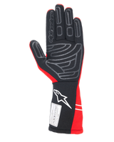 Alpinestars Tech-1 Start V4 Gloves FIA, Auto Racing Gloves, Red and Black, palm view featuring grey silicone grip patterns, white Alpinestars logo on the extended cuff, and FIA 8856-2018 certification label