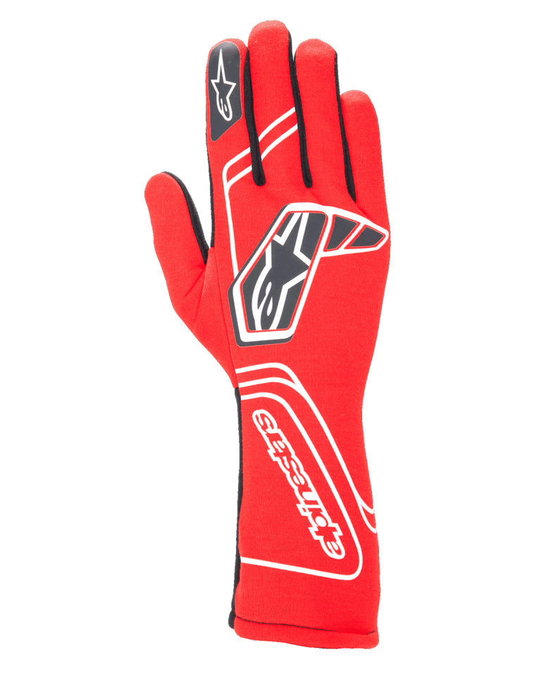 Alpinestars Tech-1 Start V4 Gloves FIA, Auto Racing Gloves, Red with Black and White accents, features prominent star logo on the back and brand name on the cuff, extended gauntlet design, professional motorsport gear