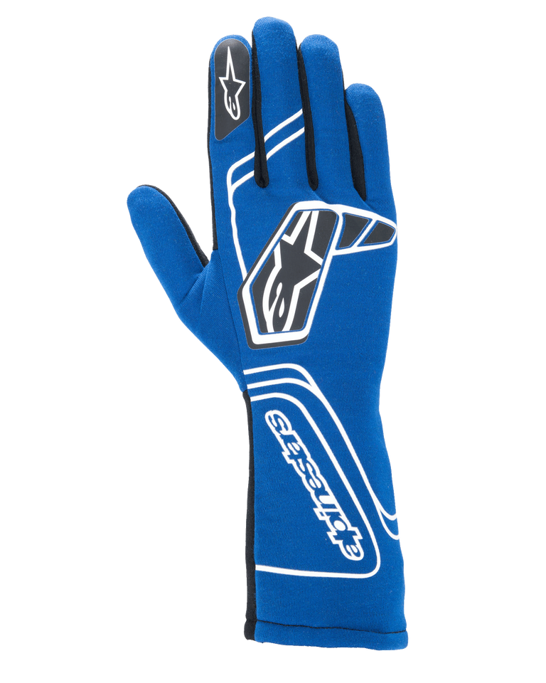 Alpinestars Tech-1 Start V4 Gloves FIA, Auto Racing Gloves, Royal Blue, featuring white geometric branding and black star logos, extended cuff with vertical Alpinestars text, sleek seamless construction for lightweight performance, FIA certified professional racing gear