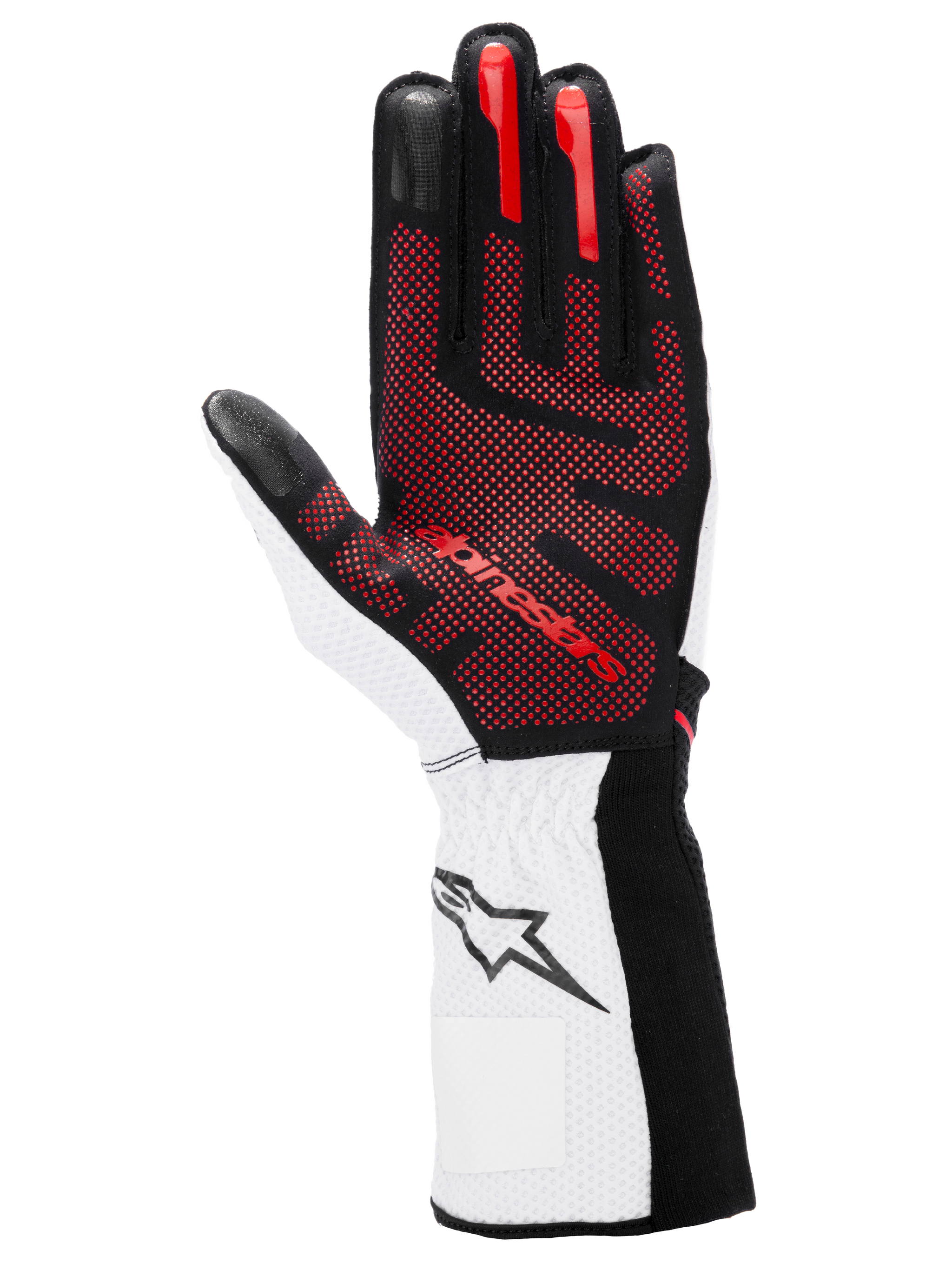 Alpinestars Tech-1 KX V4 Gloves, Karting Gloves, Black White and Red, palm view featuring red 3D silicone grip pattern, white wrist with black star logo, high-performance motorsport design
