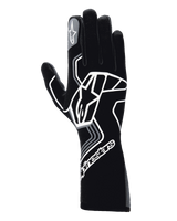Alpinestars Tech-1 Race V4 Gloves, Auto Racing Gloves, Black Tar Gray, featuring a large white geometric star logo design, Alpinestars branding on the cuff and index finger, long gauntlet style for high-performance motorsport