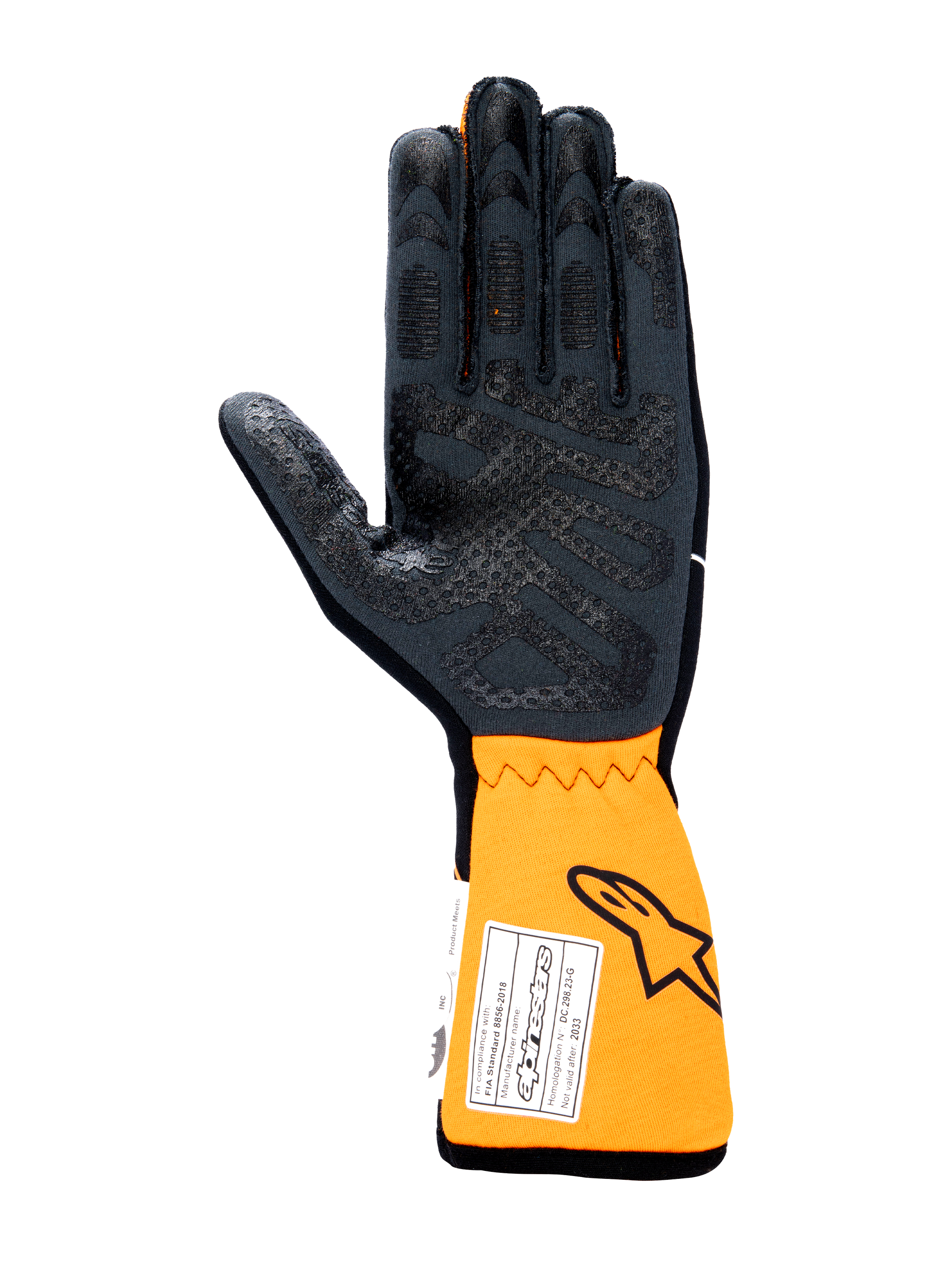 Alpinestars Tech-1 Race V4 Gloves, Auto Racing Gloves, Palm view in Black and Orange Fluo, featuring silicone grip pattern on the palm and fingers, extended orange cuff with FIA homologation label and Astars logo