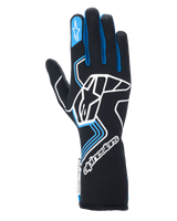 Alpinestars Tech-1 Race V4 Gloves, Auto Racing Gloves, Black with Blue and White accents, featuring a large white logo on the backhand, blue finger piping, and extended gauntlet cuff, professional flame-resistant design for motorsport