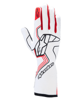 Alpinestars Tech-1 Race V4 Gloves, Auto Racing Gloves, White and Red with Black accents, featuring a bold black Alpinestars logo on the back of the hand, red star emblem on the index finger, professional full gauntlet design