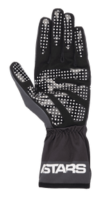 Alpinestars Tech-1 K Race V2 One Vision Gloves, Black and Tar Gray, palm view featuring white silicone dotted grip pattern, elasticated cuff with ASTARS logo, lightweight karting gear