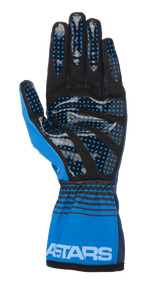 Alpinestars Tech-1 K Race V2 Future Gloves, Karting Gloves, Navy Blue and Light Blue, palm view featuring black synthetic suede with blue silicone grip dots, elasticated cuff with black horizontal stripes and white ASTARS branding