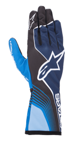 Alpinestars Tech-1 K Race V2 Future Gloves, Karting Racing Gloves, Navy Blue and Light Blue with Black accents, featuring a large white star logo, dynamic curved lines, mesh finger sections, and a sporty motorsport design with white branding