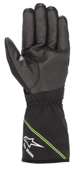 Alpinestars Tempest V2 Waterproof Gloves, Black and Fluorescent Green, palm view showing the textured rubber composite for enhanced grip, long gauntlet cuff with white Alpinestars logo and 'One Vision' branding, waterproof karting gear for wet weather.