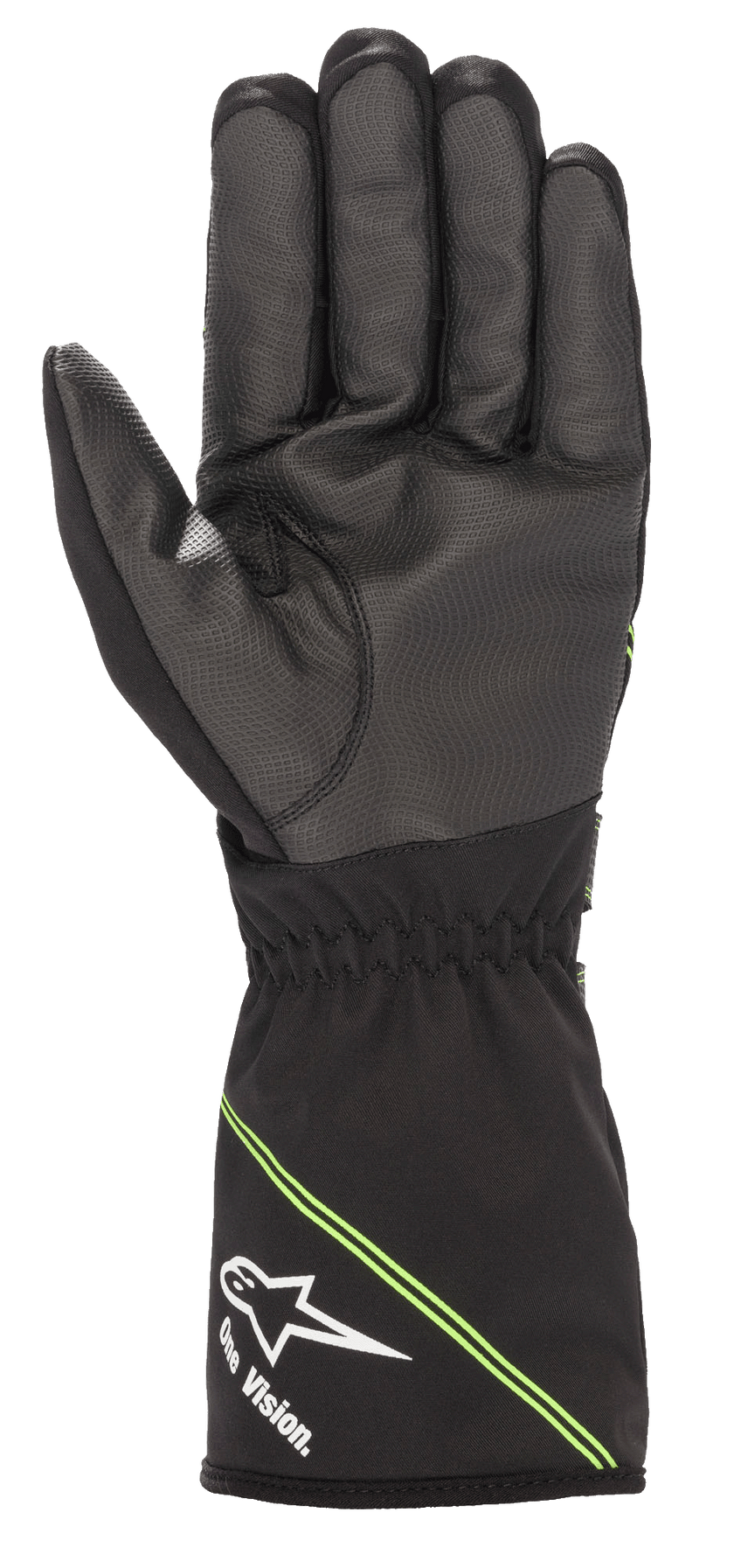 Alpinestars Tempest V2 Waterproof Gloves, Black and Fluorescent Green, palm view showing the textured rubber composite for enhanced grip, long gauntlet cuff with white Alpinestars logo and 'One Vision' branding, waterproof karting gear for wet weather.