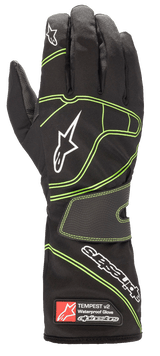 Alpinestars Tempest V2 Waterproof Gloves, Karting Gloves, Black with Fluorescent Green Accents, White Alpinestars Logos, Textured Velcro Wrist Strap, Long Cuff with Branding Tag, Designed for Wet Weather Racing