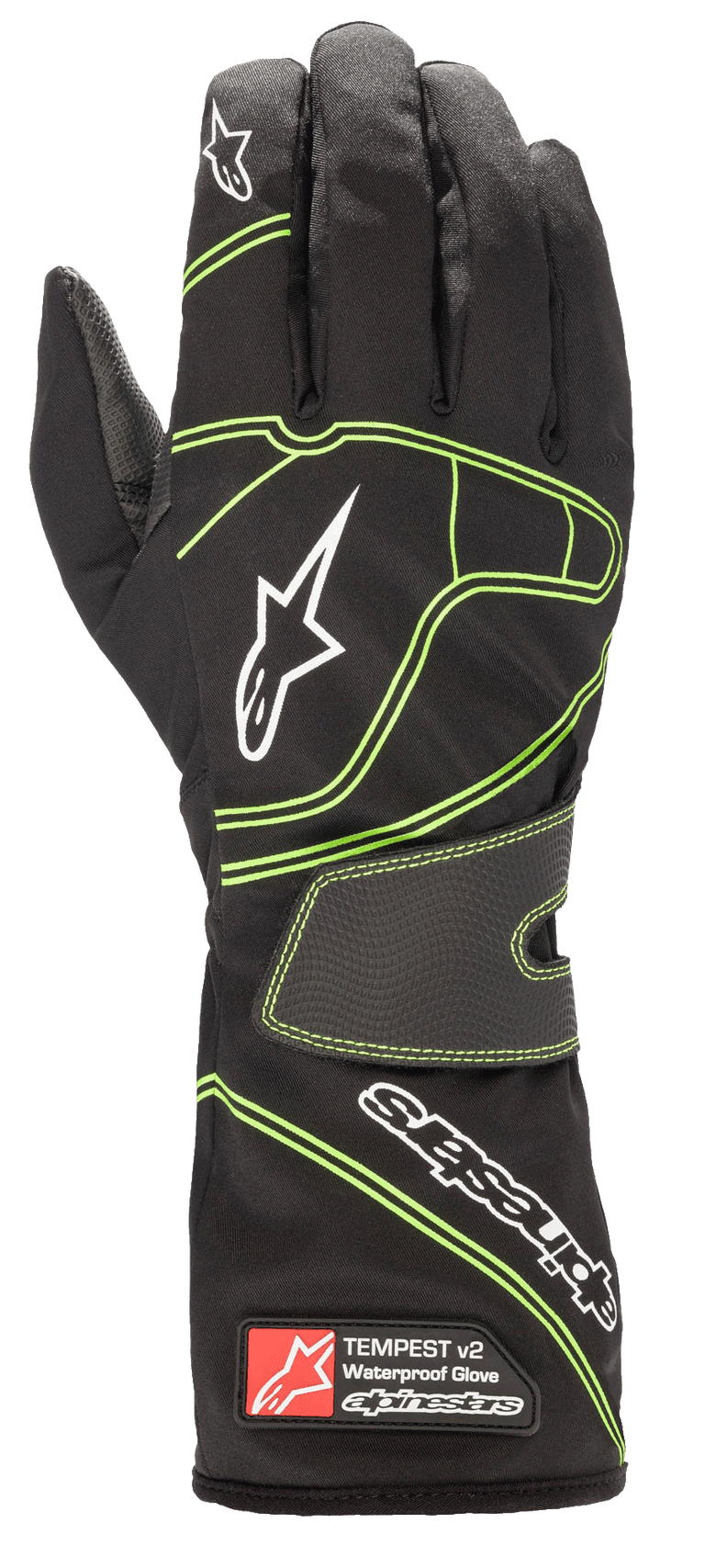 Alpinestars Tempest V2 Waterproof Gloves, Karting Gloves, Black with Fluorescent Green Accents, White Alpinestars Logos, Textured Velcro Wrist Strap, Long Cuff with Branding Tag, Designed for Wet Weather Racing