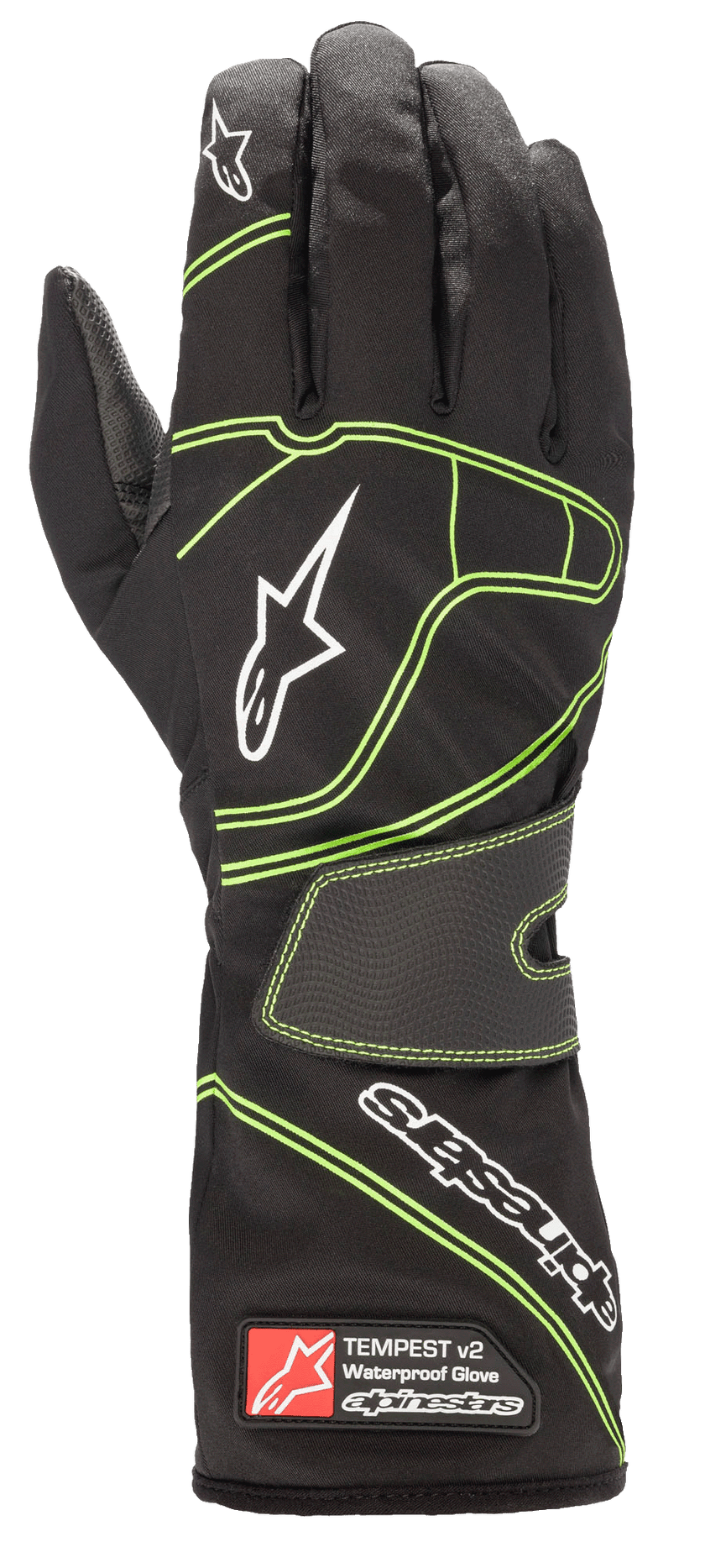 Alpinestars Tempest V2 Waterproof Gloves, Karting Gloves, Black with Fluorescent Green Accents, White Alpinestars Logos, Textured Velcro Wrist Strap, Long Cuff with Branding Tag, Designed for Wet Weather Racing