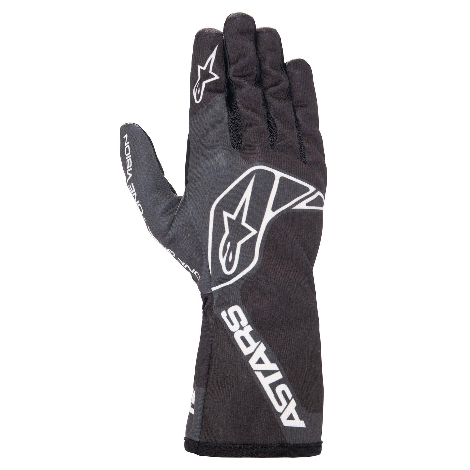 Black motorcycle glove with white Alpinestars logo and ASTARS branding, sleek matte finish, full finger coverage with reinforced stitching, modern sporty design