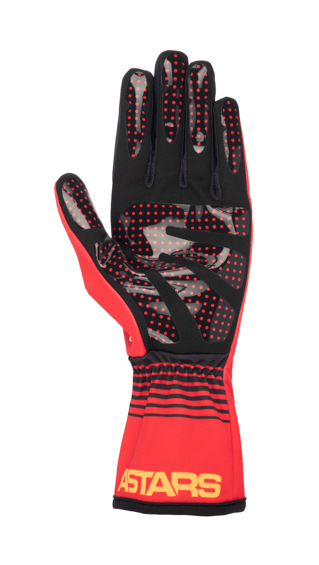 Alpinestars Youth Tech-1 K Race S V2 Future Gloves, Karting Gloves, Red Tangerine and Black, palm view featuring red silicone grip dots, yellow ASTARS logo on the cuff, elasticated wrist design