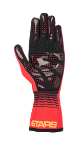 Alpinestars Youth Tech-1 K Race S V2 Future Gloves, Karting Gloves, Red Tangerine and Black, palm view featuring red silicone grip dots, yellow ASTARS logo on the cuff, elasticated wrist design