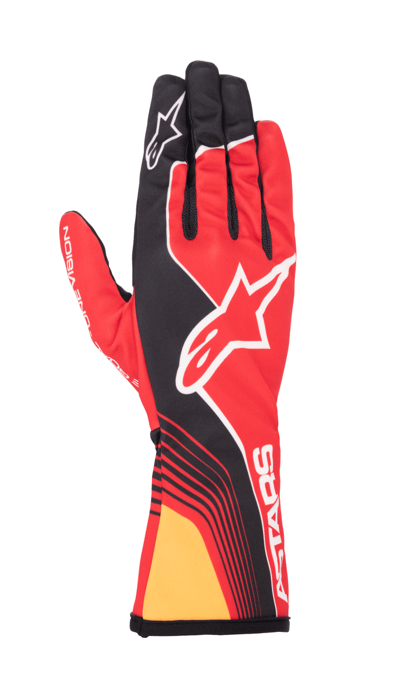 Alpinestars Youth Tech-1 K Race S V2 Future Gloves, Red Tangerine, back view showing red and black technical design, white Alpinestars logo, tangerine yellow cuff accent, and white ASTARS branding on the wrist