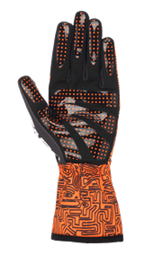 Alpinestars Tech-1 K Race V2 Vertical Gloves, Karting Gloves, Orange Fluo and Black, palm view showing black synthetic suede with orange silicone dot grip, gauntlet cuff with intricate black graphic pattern, designed for precision karting control