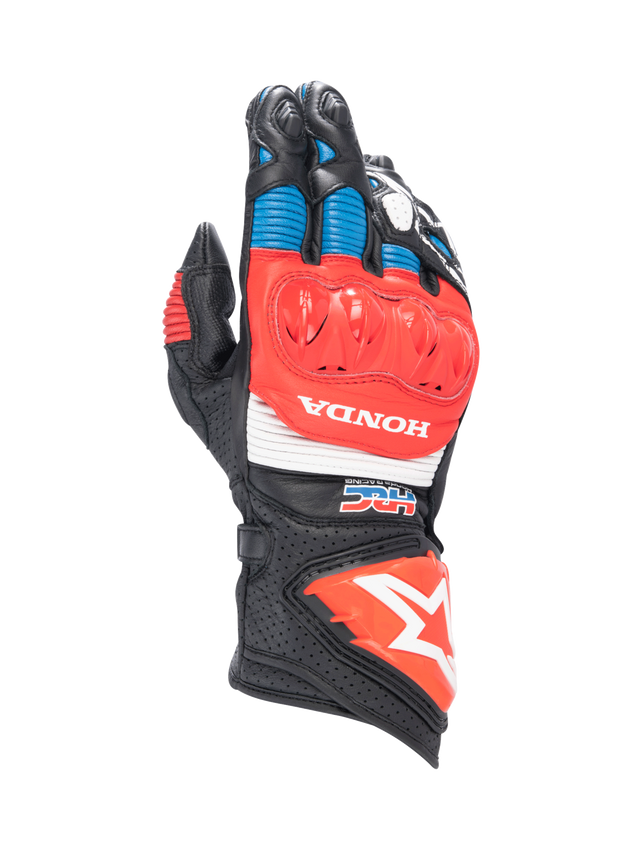 Alpinestars Honda GP Pro R3 Gloves, black and red leather motorcycle racing gauntlets with DFS knuckle protection.