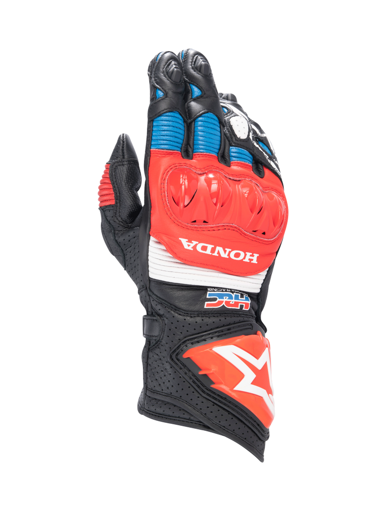 Alpinestars Honda GP Pro R3 Gloves, black and red leather motorcycle racing gauntlets with DFS knuckle protection.
