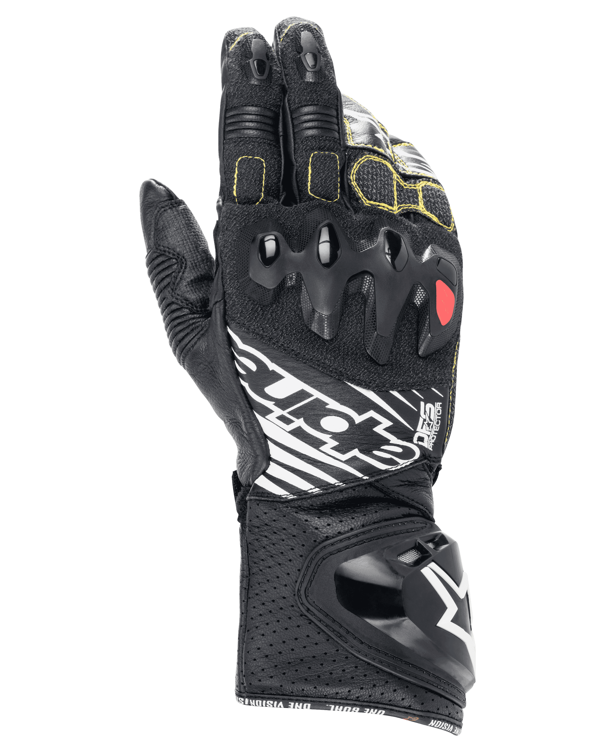 Alpinestars GP Tech V2 Gloves, Motorcycle Racing Gloves, Black with Yellow Stitching and Red Accents, Protective Knuckle Guards, Perforated Cuff for Breathability, Premium Leather Construction