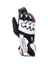 Alpinestars GP Pro R4 Gloves, black and white leather motorcycle racing gauntlet gloves with DFS knuckle protection.