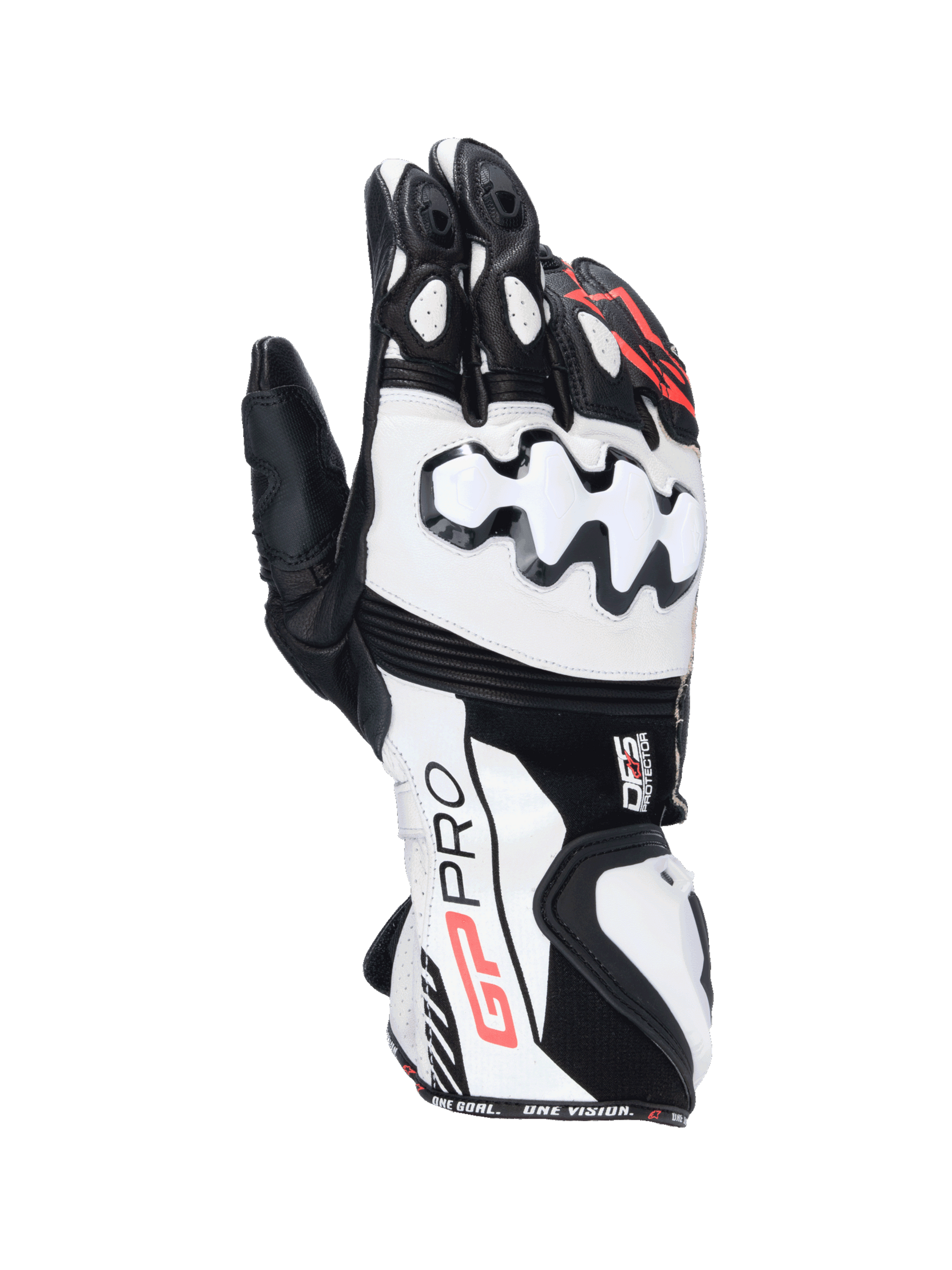 Alpinestars GP Pro R4 Gloves, black and white leather motorcycle racing gauntlet gloves with DFS knuckle protection.