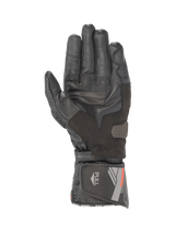 Alpinestars SP-8 V3 black leather motorcycle gloves, palm view with grip reinforcements and secure hook and loop cuff closure.
