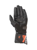 Alpinestars SP-8 V3 Men's Leather Motorcycle Gloves, Black and Red Fluo, palm view with grip inserts and secure cuff closure.