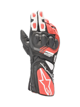 Alpinestars SP-8 V3 Men's Motorcycle Racing Gloves in Black, White, and Bright Red leather with dual-density knuckle protection.