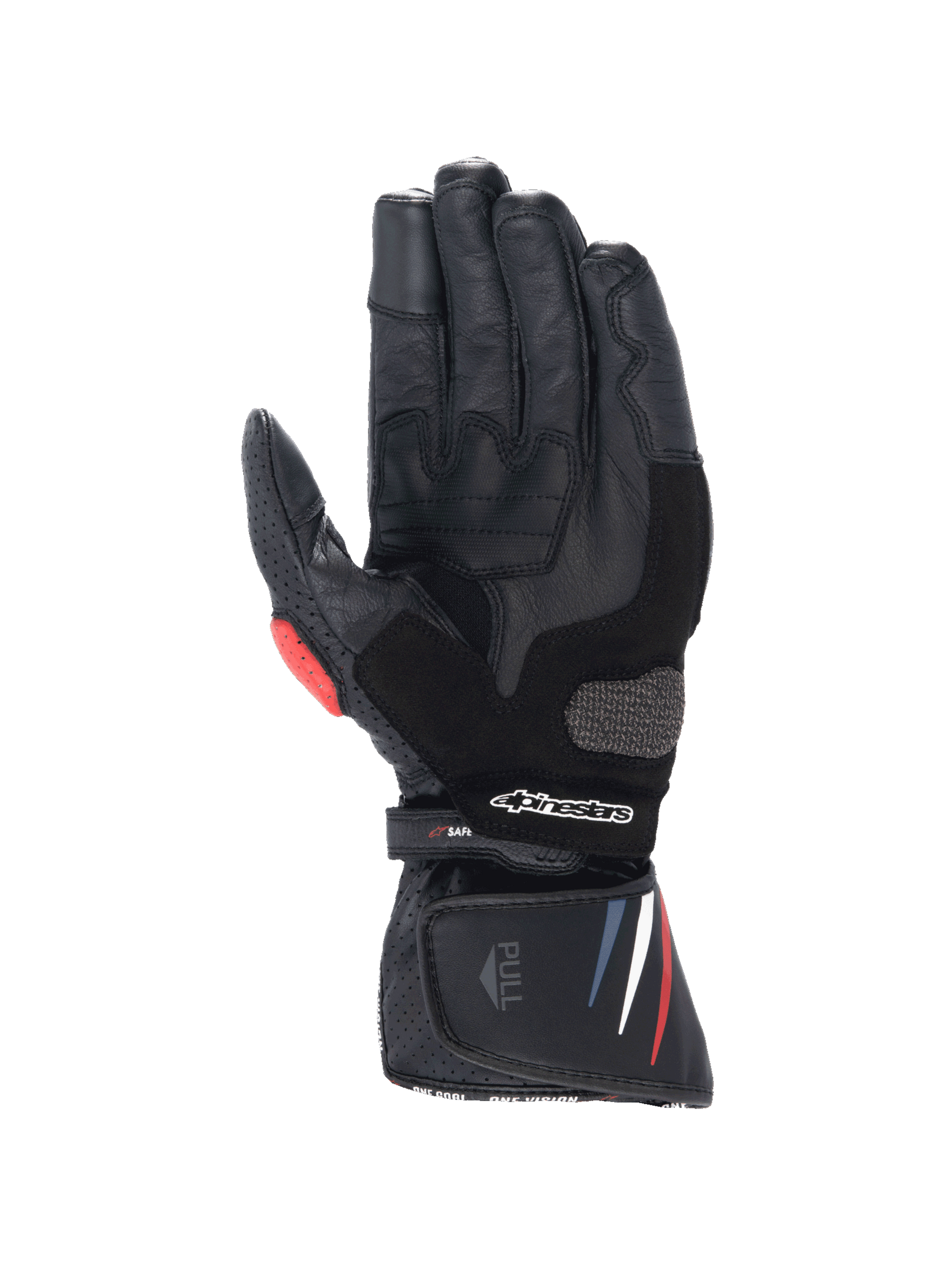 Alpinestars Honda SP-8 V3 Men's motorcycle racing gloves, black leather with red and blue accents and reinforced palm.