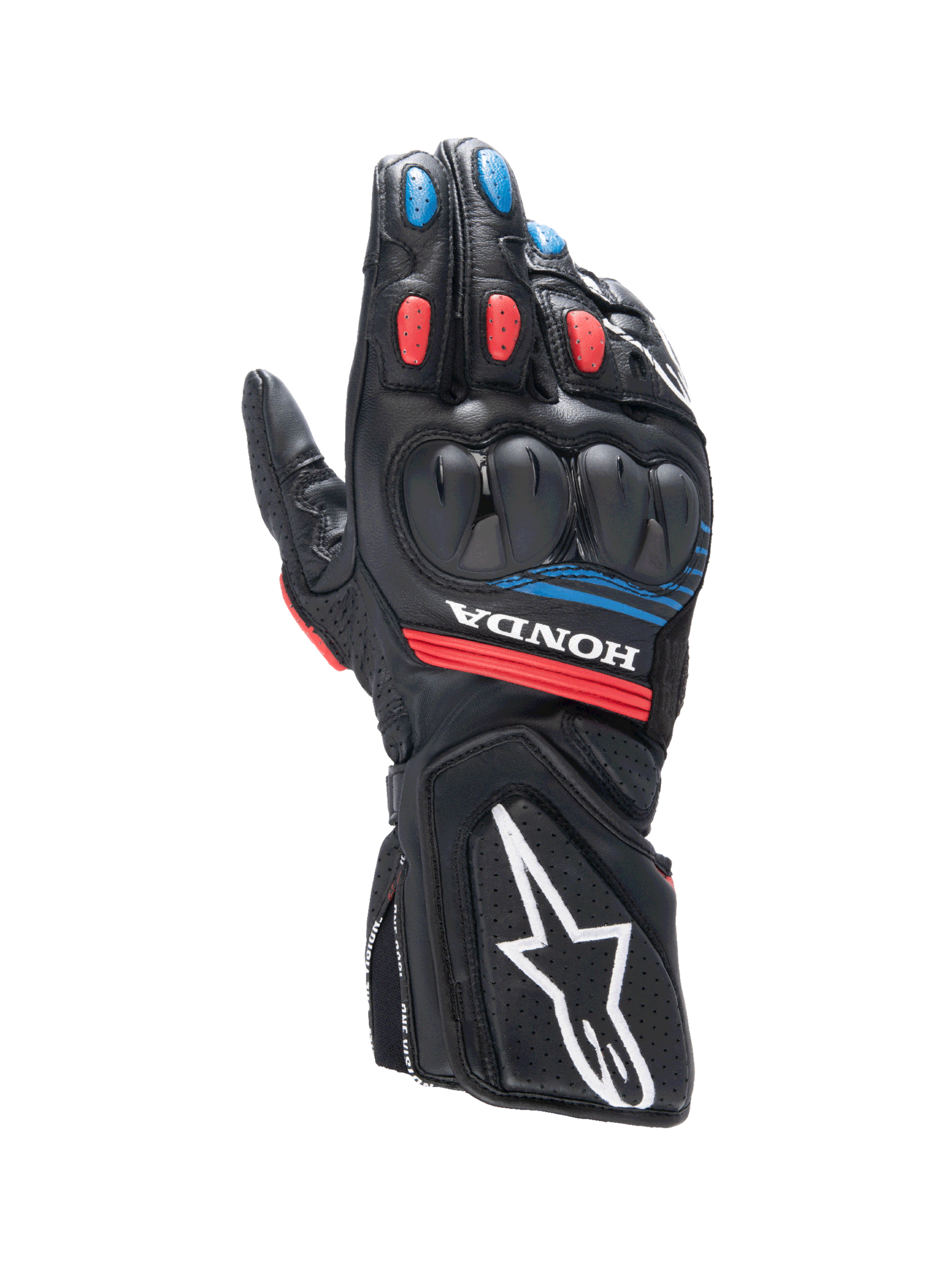 Alpinestars Honda SP-8 V3 Gloves, men's motorcycle sport gloves in black and red with blue accents and knuckle protection.