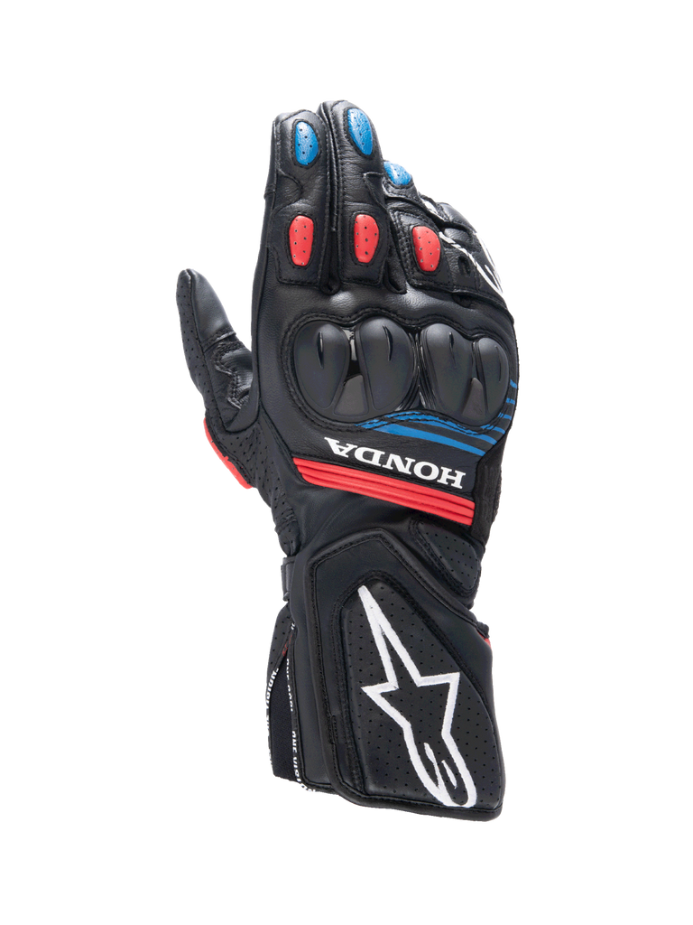 Alpinestars Honda SP-8 V3 Gloves, men's motorcycle sport gloves in black and red with blue accents and knuckle protection.