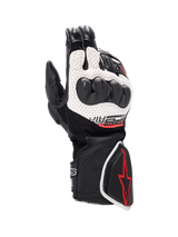 Alpinestars SP-8 V3 Air Gloves, men's motorcycle racing gloves in black and white with red accents and knuckle protection.