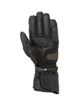 Alpinestars SP-8 HDry Gloves, black waterproof leather motorcycle racing gloves featuring a reinforced palm and dual closure.
