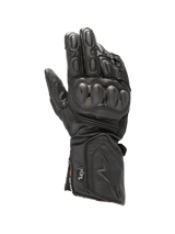 Alpinestars SP-8 HDry® Gloves, waterproof black leather motorcycle racing gloves with dual-density knuckle protection.