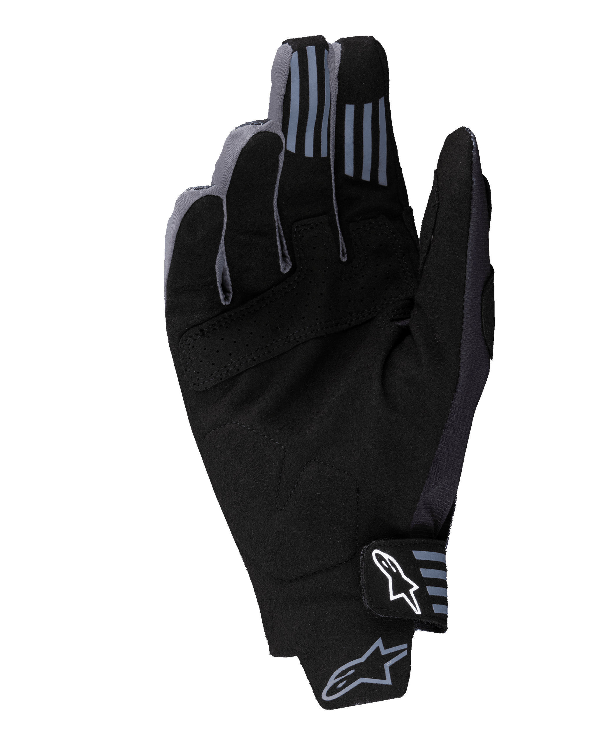 Alpinestars 2025 Techstar Gloves, Motocross Gloves, Black, palm view showing synthetic suede material with perforated details, silicone grip on fingertips, and white Alpinestars logo on the wrist closure.