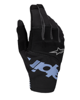 Alpinestars 2025 Techstar Gloves, Motocross Gloves, Black with Light Blue and Gray accents, featuring large light blue branding and small gray star logo, stretch ripstop and neoprene backhand for off-road racing