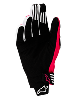 Alpinestars 2025 Techstar Gloves, Motocross Gloves, Black and Pink Fluo, palm view featuring reinforced synthetic suede, white grip stripes on fingers, pink fluo accents and logos, seamless wrist closure with Alpinestars branding