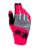 Alpinestars 2025 Techstar Gloves, Motocross Gloves, Pink Fluo Gray and Black, featuring gray knuckle panels with white logo, bold black branding on neon pink stretch fabric, lightweight design with white accents for off-road performance