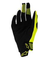 Alpinestars 2025 Techstar Gloves, Motocross Gloves, Black and Yellow Fluo, palm side view featuring reinforced synthetic suede, silicone grip stripes on the first and second fingers, and a secure wrist closure with yellow logos.